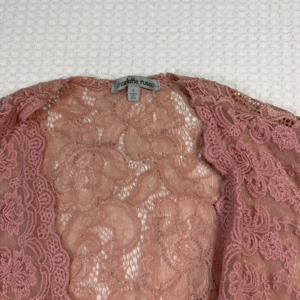 Charlotte Russe Pink Floral Lace Kimono Cardigan Sheer Tie Waist‎ High Low Small